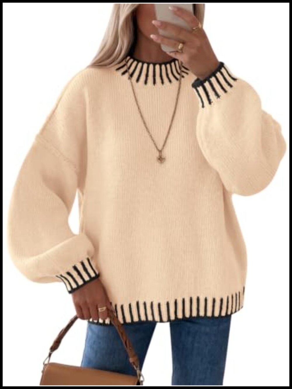 Women's Chunky Mock Neck Knit Pullover Sweater Lantern Sleeve Color Block